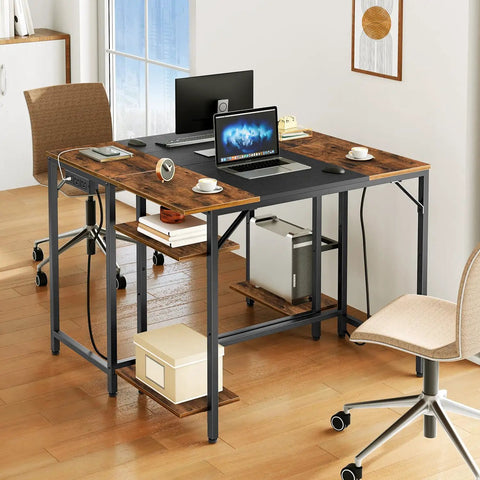 Compact Computer Desk With Built In Charging Station And USB Ports Modern Home Office Writing Desk With Two Shelves Easy Assembly Rustic Brown And Black Finish Great For Small Spaces, shown in a room with laptop and accessories.