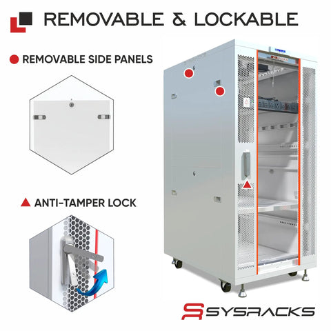 Removable and lockable 32U Server Rack Cabinet With 19 Inch Network Enclosure Layout 35 Inch Deep Floor Standing Data Chassis.