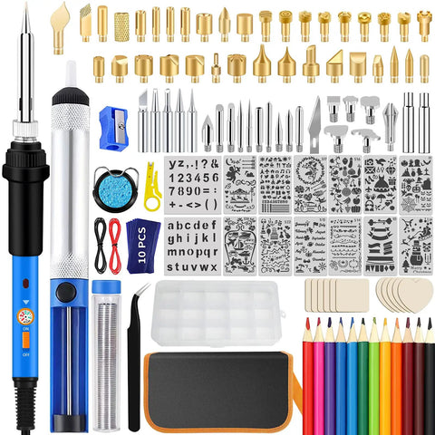 Wood Burning Kit With Adjustable Temperature 220 To 480 C, 116-piece pyrography and soldering tool set with tips, stencils, and accessories.