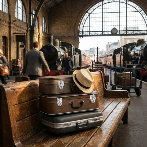 Vintage suitcases with Two Pack Duckbilled Box Hasp Lock Toggle Latch With Padlock Hole, at a railway station platform.