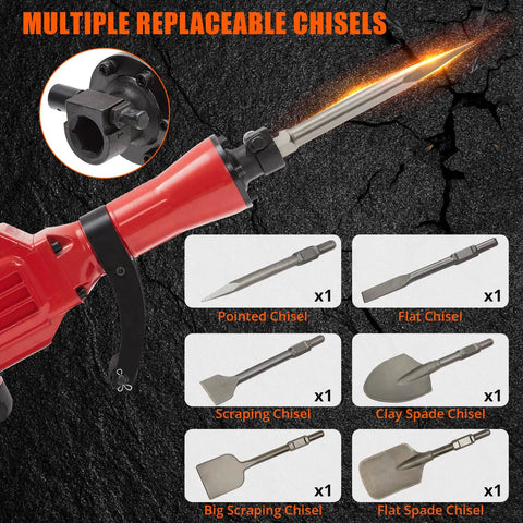 Solid Build Heavy Duty Electric Jack Hammer Concrete Breaker Demolition Rig For Ripping Through Slabs Quick Change Chuck System with multiple chisel attachments.