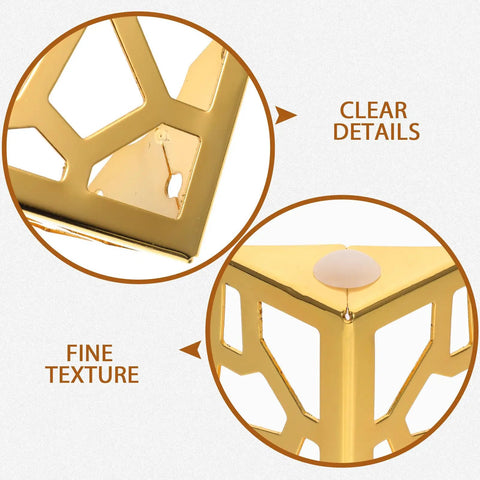 Close-up of golden Beefy Heavy Duty Iron Furniture Legs with hollow-out geometric design and detailed texture.