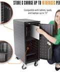Four Pack Compact Mobile Charging Cart Bundle For Chromebooks Laptops And Tablets showing a user accessing charging compartment.