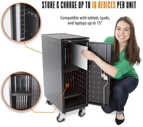 Four Pack Compact Mobile Charging Cart Bundle For Chromebooks Laptops And Tablets showing a user accessing charging compartment.
