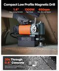 Compact Low Profile Magnetic Drill Press with 1300W motor, max 1.4in coring diameter for efficient steel drilling.