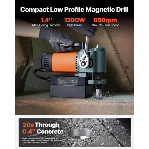 Compact Low Profile Magnetic Drill Press with 1300W motor, max 1.4in coring diameter for efficient steel drilling.