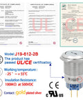 Beefy 19mm Key Switch With 2 Position DPDT Latching Mechanism, UL and CE certification details with working temperature and specs.
