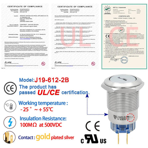 Beefy 19mm Key Switch With 2 Position DPDT Latching Mechanism, UL and CE certification details with working temperature and specs.
