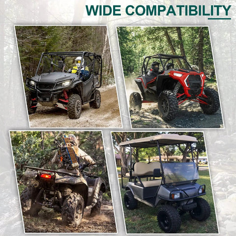 Two Pack Universal Roll Bar Gun Holder For UTVs And ATVs Fits 1 To 2 Inch Round Roll Bars on vehicles in outdoor settings.