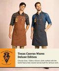 Two men wearing grey and brown Waxed Canvas Work Apron For Men With Pockets, Heavy Duty Carpenter And Grilling Apron, Cross Back Adjustable Fit From M To XXL.