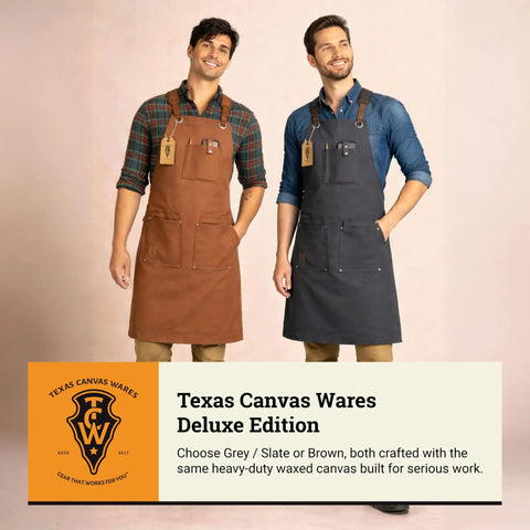 Two men wearing grey and brown Waxed Canvas Work Apron For Men With Pockets, Heavy Duty Carpenter And Grilling Apron, Cross Back Adjustable Fit From M To XXL.