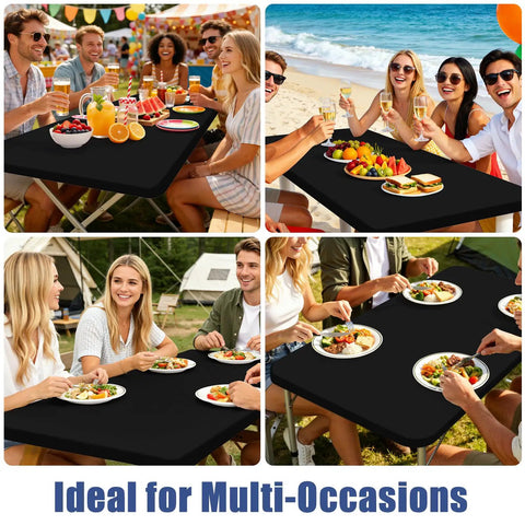Elastic Fitted 6 Foot Rectangle Tablecloth 2 Pack No Slip Wraparound Edges For Outdoor Parties And Picnics Stretch Washable Polyester Spandex Cover In Black 30x72 Inches on tables at various outdoor events.