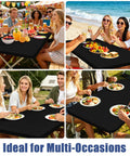 Stretchy Spandex Tablecloth Set, 6 Pack 6 Foot Rectangle For Outdoor Picnics And Parties, Elastic Fitted Washable Patio Cover, Windproof Wraparound Edges In Black 30x72 Inches shown at outdoor events.