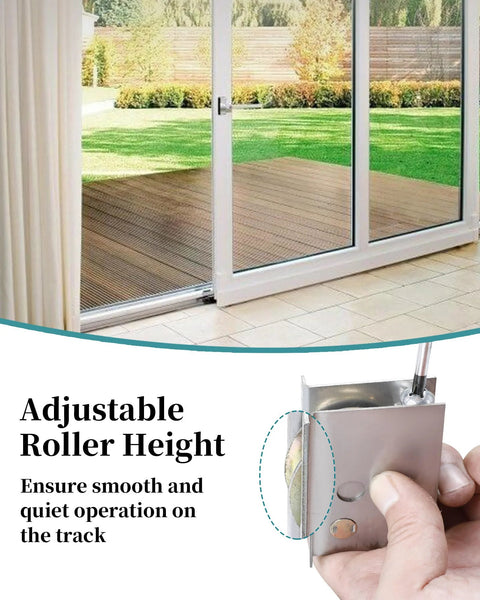 Sliding Patio Door Rollers One And One Half Inch Steel Ball Bearing Rollers Two Pack Adjustable Height Silver Finish Compatible With Pella Doors After 1992 Durable Stainless Steel Construction For Lasting Reliability And Quiet Smooth Operation On Track with hand adjusting roller height