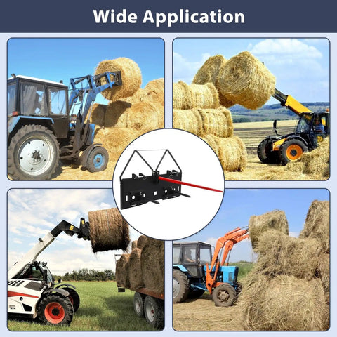 Different tractors using 49 Inch Beefy Heavy Duty Hay Spear Bale Spike With 4500 Pounds Capacity And Tapered Tip for hay bales