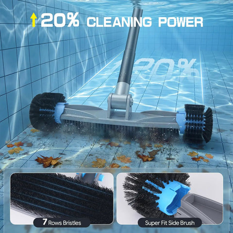 4 in 1 Deluxe Pool Cleaning Kit with Detachable Brush underwater showing cleaning power and details of bristle brush