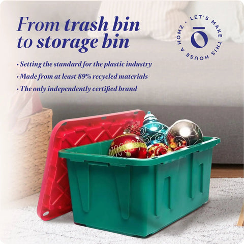 Stackable Plastic Storage Bins With Secure Lids, 27 Gallon Heavy Duty Snap Lock Totes, Sturdy Containers For Holiday Cheer And Seasonal Hoards, Red And Green Set Includes Four Totes, Built To Handle Any Task Like A Champ And Keep Your Space Looking Crisp