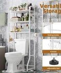Over The Toilet Storage Rack With 3 Tier Metal Organizer Free Standing Bathroom Shelves Paper Holder And 3 Hooks Space Saving Bathroom Shelf Above Toilet White in bathroom setting