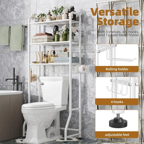Over The Toilet Storage Rack With 3 Tier Metal Organizer Free Standing Bathroom Shelves Paper Holder And 3 Hooks Space Saving Bathroom Shelf Above Toilet White in bathroom setting