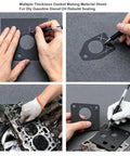 Three black non-asbestos gasket paper sheets for high-temperature engine sealing; collage shows tracing, marking, and installed gasket.