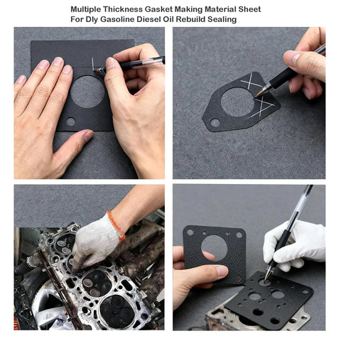 Three black non-asbestos gasket paper sheets for high-temperature engine sealing; collage shows tracing, marking, and installed gasket.