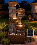 Five Tier Solar Outdoor Water Fountain With LED Lights 33 Point 5 Inch Tall Waterfall For Patio Or Backyard Easy Setup Solar Pump And Panel Included Decorative Pebbles Yard Vibe