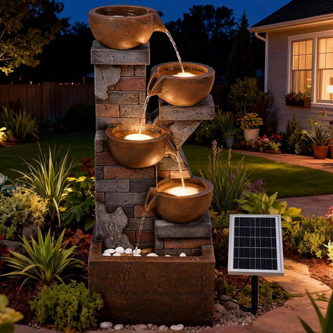 Five Tier Solar Outdoor Water Fountain With LED Lights 33 Point 5 Inch Tall Waterfall For Patio Or Backyard Easy Setup Solar Pump And Panel Included Decorative Pebbles Yard Vibe