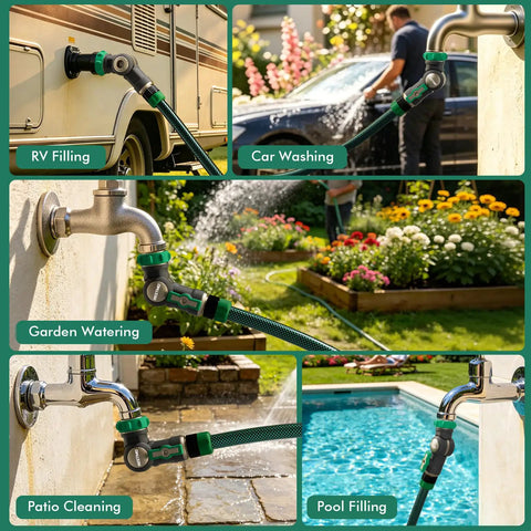 Beefy Heavy Duty Metal Water Hose Elbow Connector With 360 Degree Swivel Inlet And 180 Degree Swivel Outlet, Flexible Angled Hose Fitting For Tight Spaces And Hard-To-Reach Faucets used for RV, car, garden, patio, and pool water hookups.