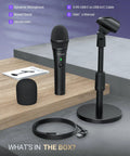 Dual USB And XLR Dynamic Desk Mic For Podcasts With Mute Button And Adjustable Stand Windscreen components displayed