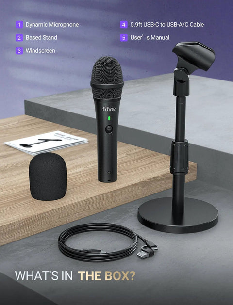 Dual USB And XLR Dynamic Desk Mic For Podcasts With Mute Button And Adjustable Stand Windscreen components displayed