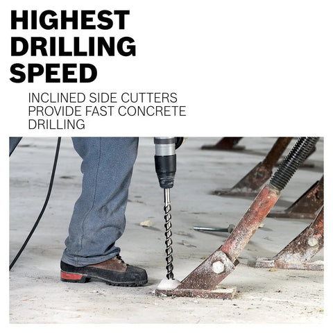 Worker using 9/16 Inch By 21 Inch SDS Max Speed X Carbide Rotary Hammer Bit for concrete drilling, beefy carbide head visible