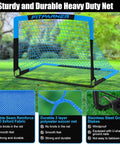 Backyard Kids Soccer Goals Set Two Pack Portable Pop Up Nets With Ball Cones Pump And Ground Stakes Complete Training Gear Kit For Kids Ages 3 To 14 Outdoor Sports Fun, featuring a blue pop-up soccer goal on grass.