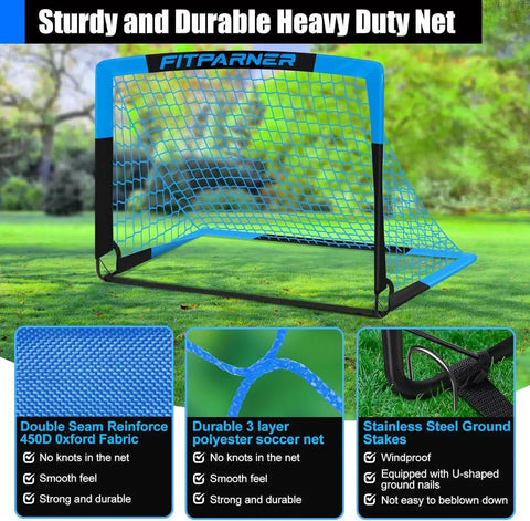 Backyard Kids Soccer Goals Set Two Pack Portable Pop Up Nets With Ball Cones Pump And Ground Stakes Complete Training Gear Kit For Kids Ages 3 To 14 Outdoor Sports Fun, featuring a blue pop-up soccer goal on grass.