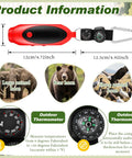 Compact red 125 dB Bear Horn with Compass and Thermometer, displaying product dimensions and features for outdoor protection.