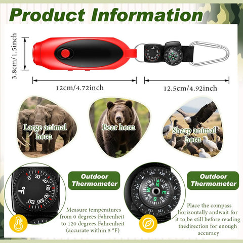 Compact red 125 dB Bear Horn with Compass and Thermometer, displaying product dimensions and features for outdoor protection.