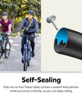 700C Bike Inner Tube Self Sealing And Traditional Design For 35 To 42mm Tires fits Road Mountain Hybrid dual sport cruiser, self-sealing cross-section shown, cyclists riding on paved path in park, focus keyword present.