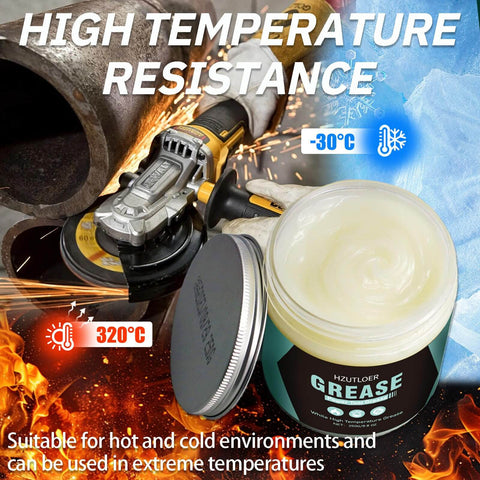 White High Temperature Lubricating Grease For Power Tools And Machinery shown with lid open near metal pipe and grinder.