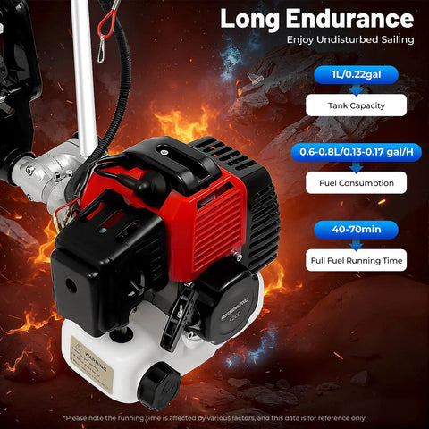 Beast 2 Stroke 2.3 HP Outboard Motor With Heavy Duty Air Cooling System 52CC Boat Engine in front of fiery background