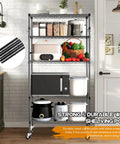 Beefy 5 Tier Heavy Duty Metal Rolling Shelving Unit With Wheels And 8 Hooks 1750 Lbs Total Capacity Adjustable Garage Wire Racks Ideal For Kitchen Bathroom Pantry Or Industrial Storage 36 W x 14 D x 72 H Black in kitchen use