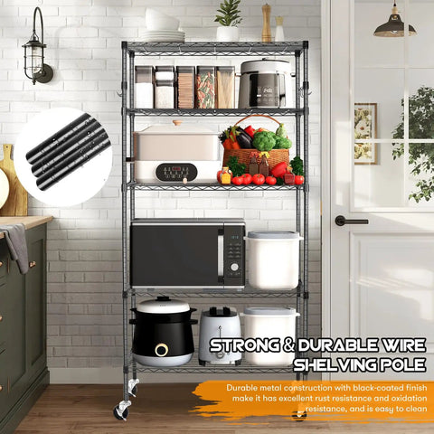 Beefy 5 Tier Heavy Duty Metal Rolling Shelving Unit With Wheels And 8 Hooks 1750 Lbs Total Capacity Adjustable Garage Wire Racks Ideal For Kitchen Bathroom Pantry Or Industrial Storage 36 W x 14 D x 72 H Black in kitchen use