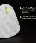 White felt filter with green tab from Shark Navigator LiftAway Replacement Filter Kit With 2 Foam 2 Felt 1 HEPA on black background.