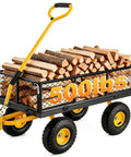 Rugged 500 Lb Capacity Heavy Duty Garden Cart With Steel Frame Adjustable Rotating Handle 10 In All Terrain Tires Removable Mesh Sides Utility Wagon For Yard And Backyard Hauling loaded with firewood