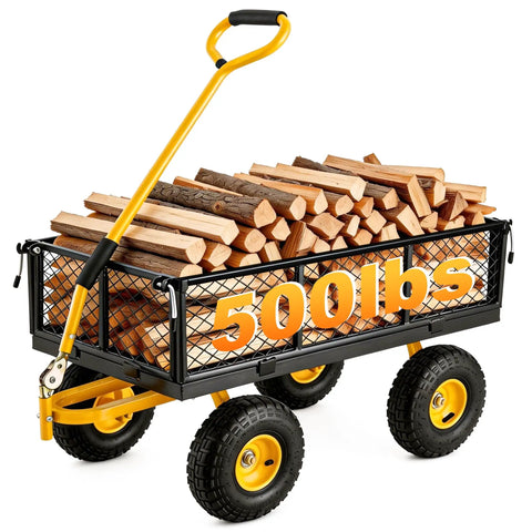 Rugged 500 Lb Capacity Heavy Duty Garden Cart With Steel Frame Adjustable Rotating Handle 10 In All Terrain Tires Removable Mesh Sides Utility Wagon For Yard And Backyard Hauling loaded with firewood