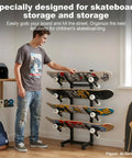 Freakishly Durable Industrial Grade Steel Knocks Out Clutter With A Badass 4 Tier Skateboard Rack Floor Stand holding four boards.