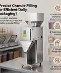 Straight Up Reliable Automatic Granule Filler Machine With Digital Scale Pro Level 304 Stainless Steel Powder Doser For Coffee Beans Tea Seeds Runs Smooth With Foot Pedal For Hustle Free Weigh And Pack Tasks, showcasing digital control and compact design.