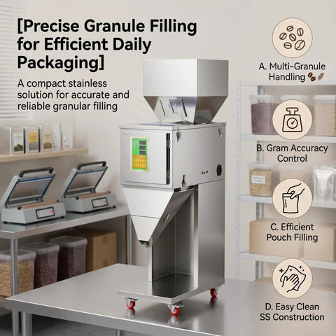 Straight Up Reliable Automatic Granule Filler Machine With Digital Scale Pro Level 304 Stainless Steel Powder Doser For Coffee Beans Tea Seeds Runs Smooth With Foot Pedal For Hustle Free Weigh And Pack Tasks, showcasing digital control and compact design.