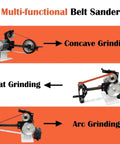 Heavy Duty Variable Speed Bench Belt Sander Beefed Up Workhorse For Metalworking And Knife Making Includes Grinding Discs And Mounting Base Runs Slick With 2200 Watt Motor, showing concave, flat, and arc grinding options.