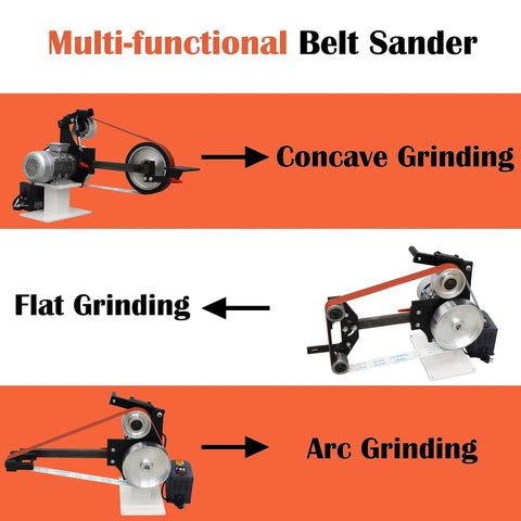 Heavy Duty Variable Speed Bench Belt Sander Beefed Up Workhorse For Metalworking And Knife Making Includes Grinding Discs And Mounting Base Runs Slick With 2200 Watt Motor, showing concave, flat, and arc grinding options.