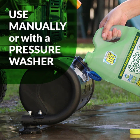 Pouring Go To House And Siding Pressure Washer Cleaner Concentrate onto a pressure washer, safe on surfaces, cleans up to 6400 sq ft.