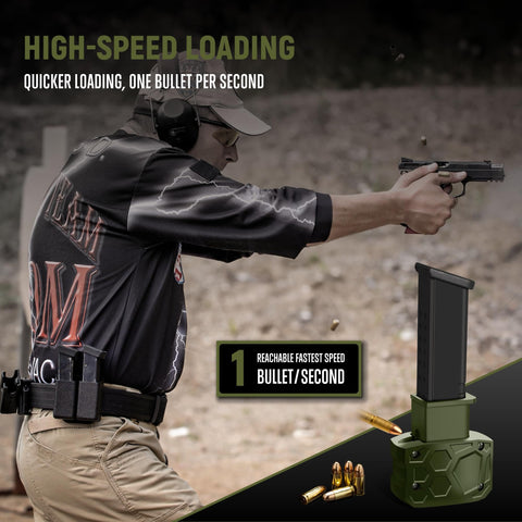 Man aiming gun with Plastic Magazine Speed Loader for 9mm and 40sw Quick and Pain Free Reload next to magazine and bullets.